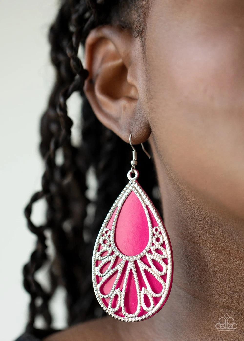 Paparazzi Accessories Loud And Proud - Pink Stenciled with studded filigree, an airy silver teardrop overlaps atop a pink acrylic teardrop frame, creating a flamboyant lure. Earring attaches to a standard fishhook fitting. Sold as one pair of earrings. Je