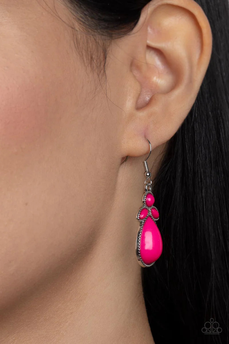 Paparazzi Accessories Botanical Banquet - Pink A flamboyant collection of bubbly pink round, teardrop, and marquise beads cluster in leafy frames below the collar for a flauntable pop of color. Features an adjustable clasp closure. Sold as one individual