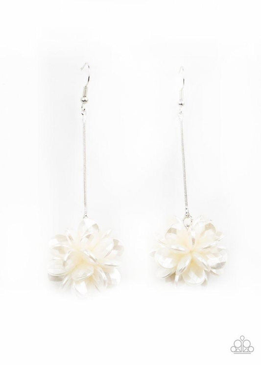 Paparazzi Accessories Swing Big - White Featuring faceted surfaces, pearly white teardrop beads delicately cluster at the bottom of a dainty silver chain for an elegant look. Earring attaches to a standard fishhook fitting. Sold as one pair of earrings. J