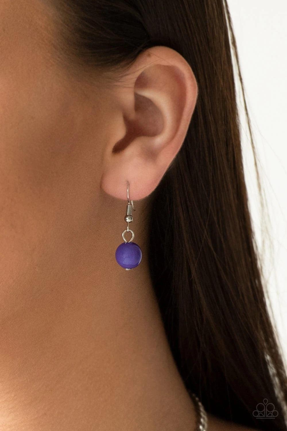 Paparazzi Accessories Summer Showdown - Purple Vivacious purple beads and curved silver teardrops swing from the bottom of interlocking silver chains, creating a flirtatious fringe below the collar. Features an adjustable clasp closure.Sold as one individ