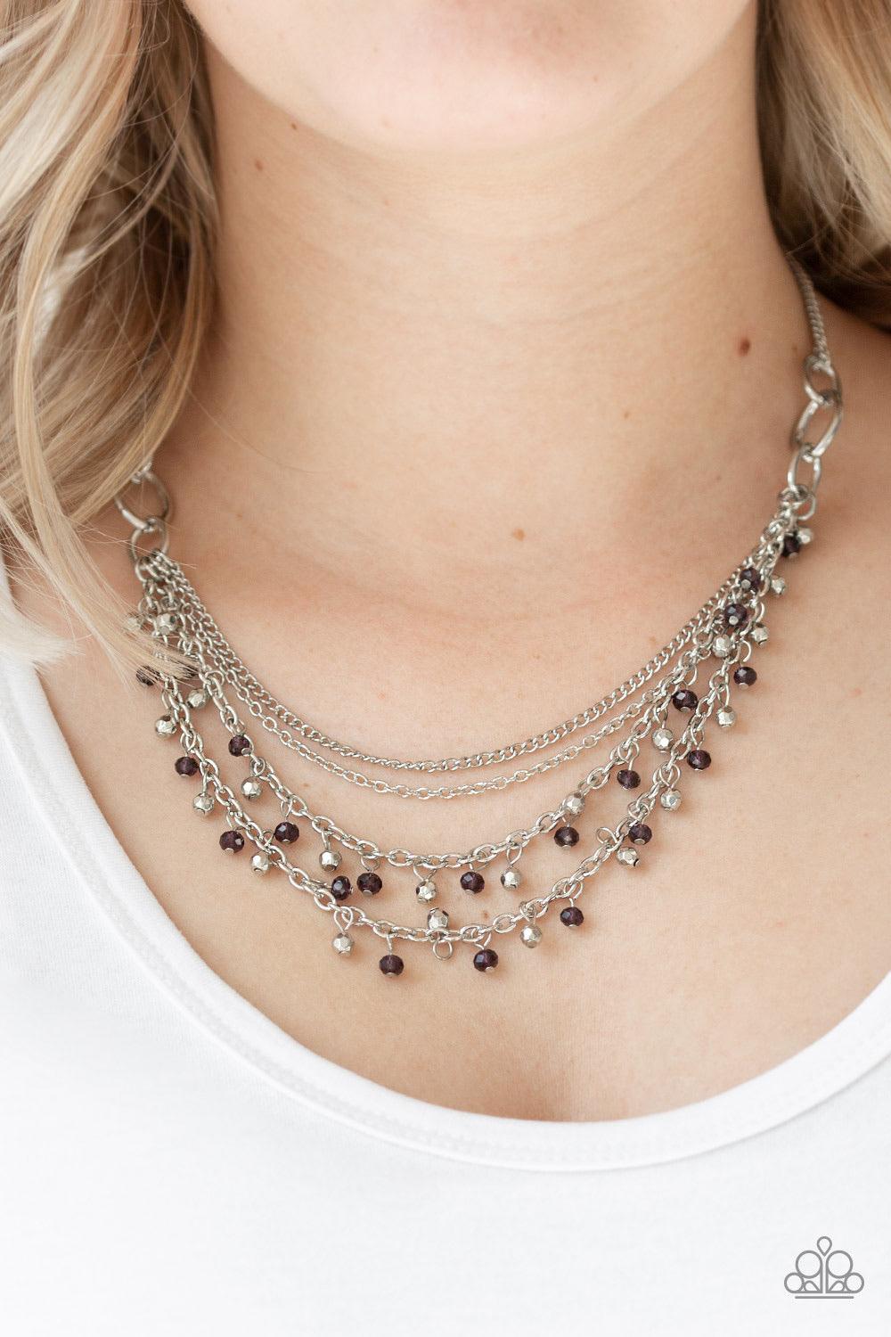 Paparazzi Accessories Financially Fabulous - Purple Dainty silver and purple crystal-like beads cascade from two shimmery silver chains. Infused with plain silver chains, the colorful strands layer below the collar for a flirtatious look. Features an adju