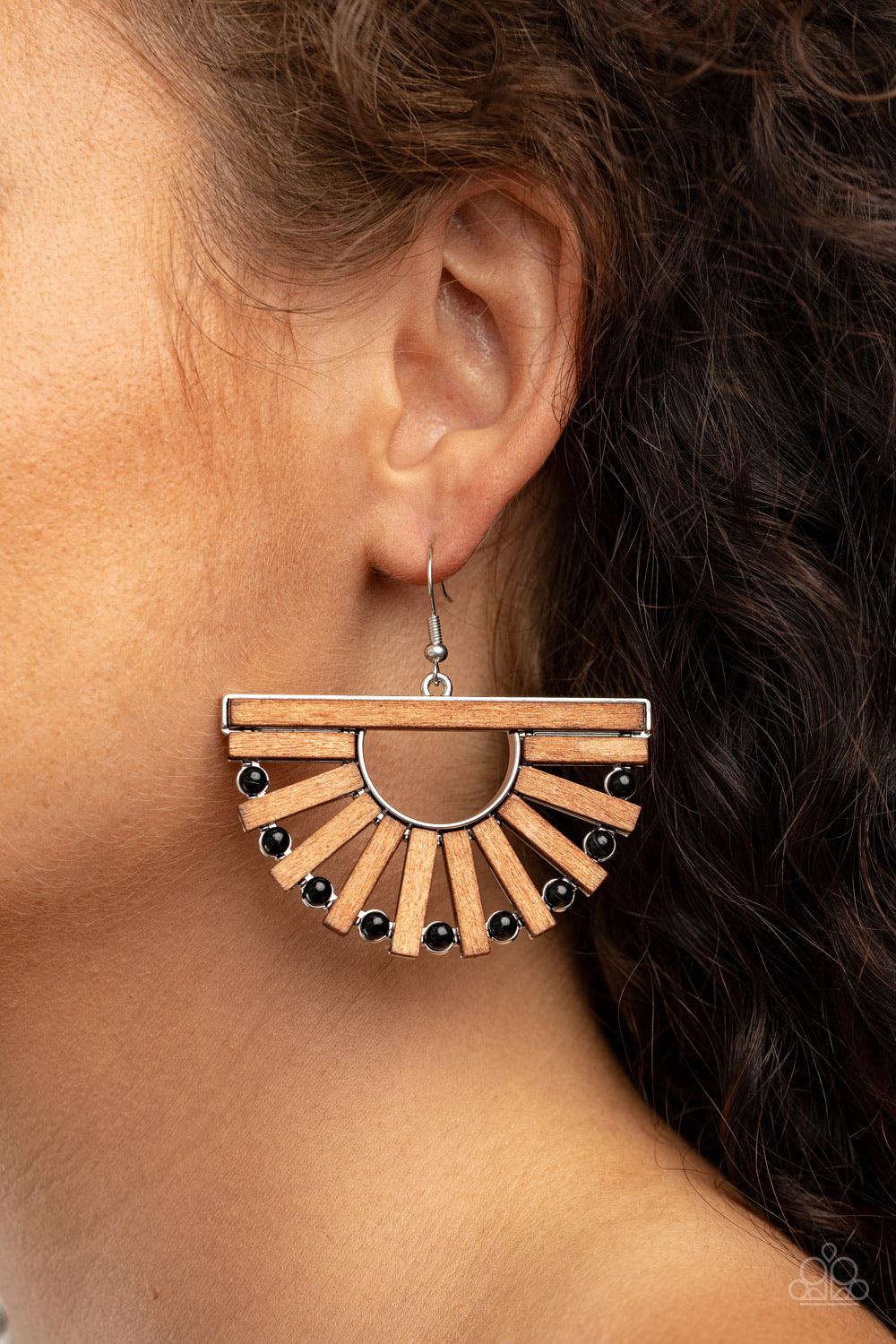 Paparazzi Accessories Wooden Wonderland - Black Wooden rectangular frames and dainty black beads alternate along an airy silver frame, coalescing into a radiant crescent for an earthy flair. Earring attaches to a standard fishhook fitting. Sold as one pai