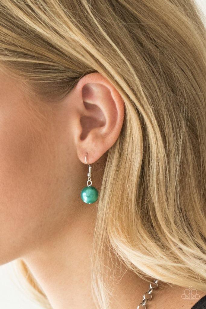 Paparazzi Accessories The Upstater - Green Varying in size, bubbly green pearls, classic silver beads, and shiny green beads swing from the bottom of a glistening silver chain, creating a refined fringe below the collar. Features an adjustable clasp closu