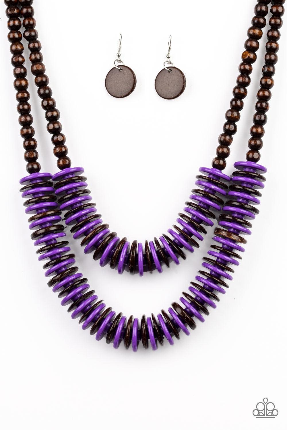 Paparazzi Accessories Dominican Disco - Purple Brown wooden beads give way to rows of purple and brown wooden discs, creating colorful layers for a summery look. Features a button-loop closure. Jewelry