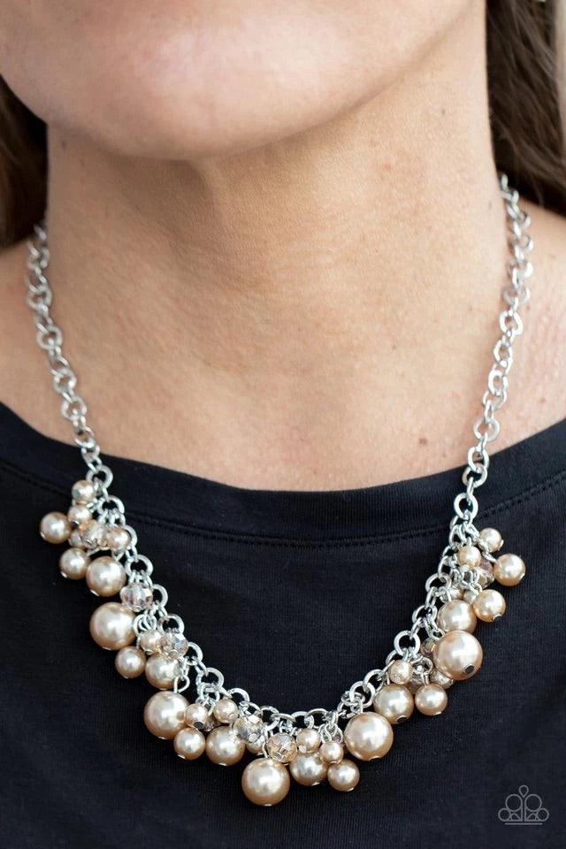 Paparazzi Accessories Positively PEARL-escent - Brown A collection of bubbly brown pearls and glittery crystal-like beads swing from the bottom of a chunky silver chain, creating an elegantly clustered fringe below the collar. Features an adjustable clasp