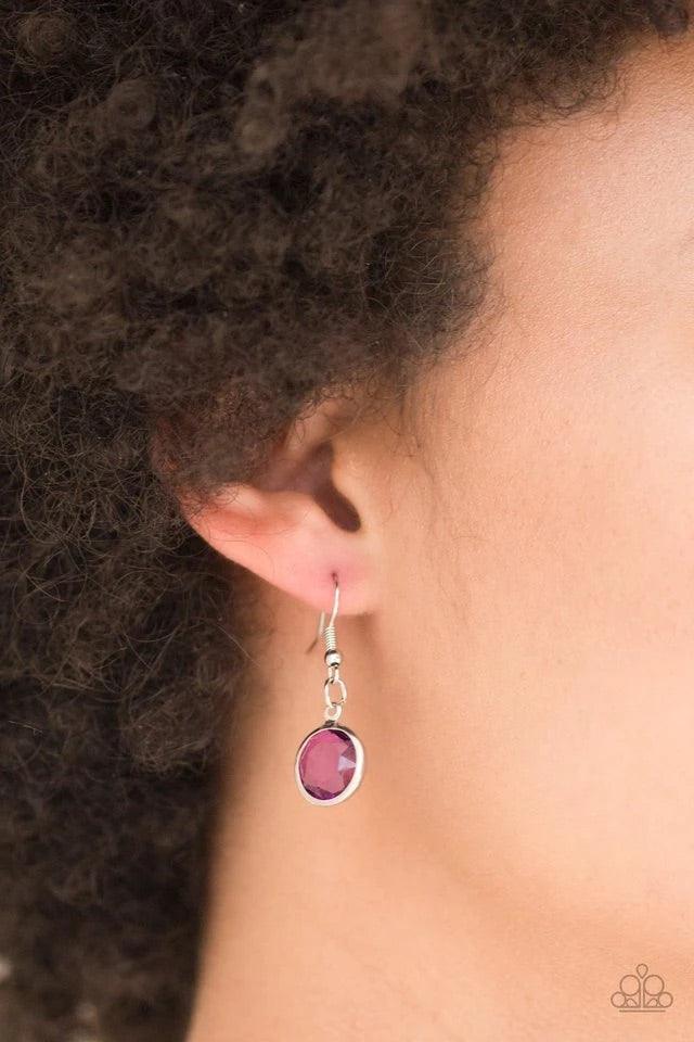 Paparazzi Accessories Glassy Glamourous - Purple Featuring sleek silver fittings, an array of glassy pink gemstones trickle along a shimmery silver chain for a glamorous look. Features an adjustable clasp closure. Jewelry