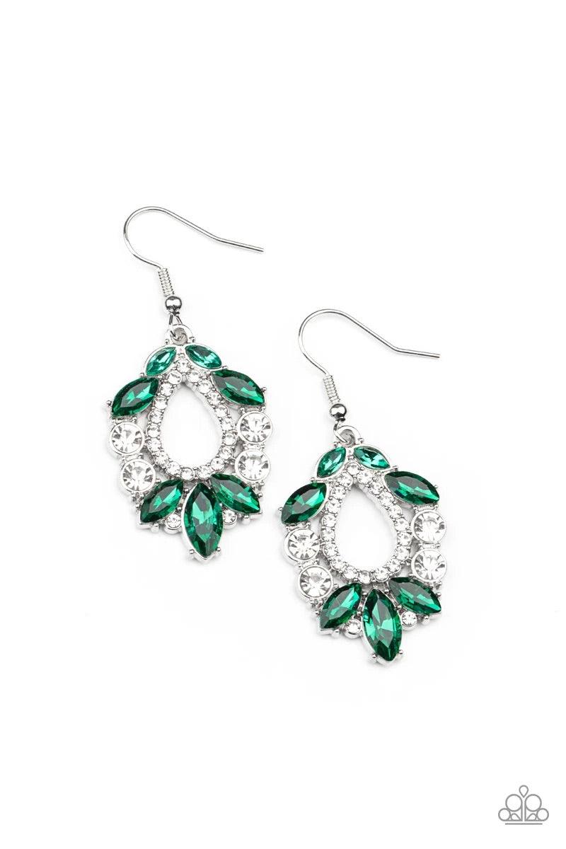 Paparazzi Accessories New Age Noble ~Green Featuring regal marquise and classic round cuts, a glittery collection of white and green rhinestones coalesce into a jaw-dropping teardrop frame. Earring attaches to a standard fishhook fitting. Sold as one pair