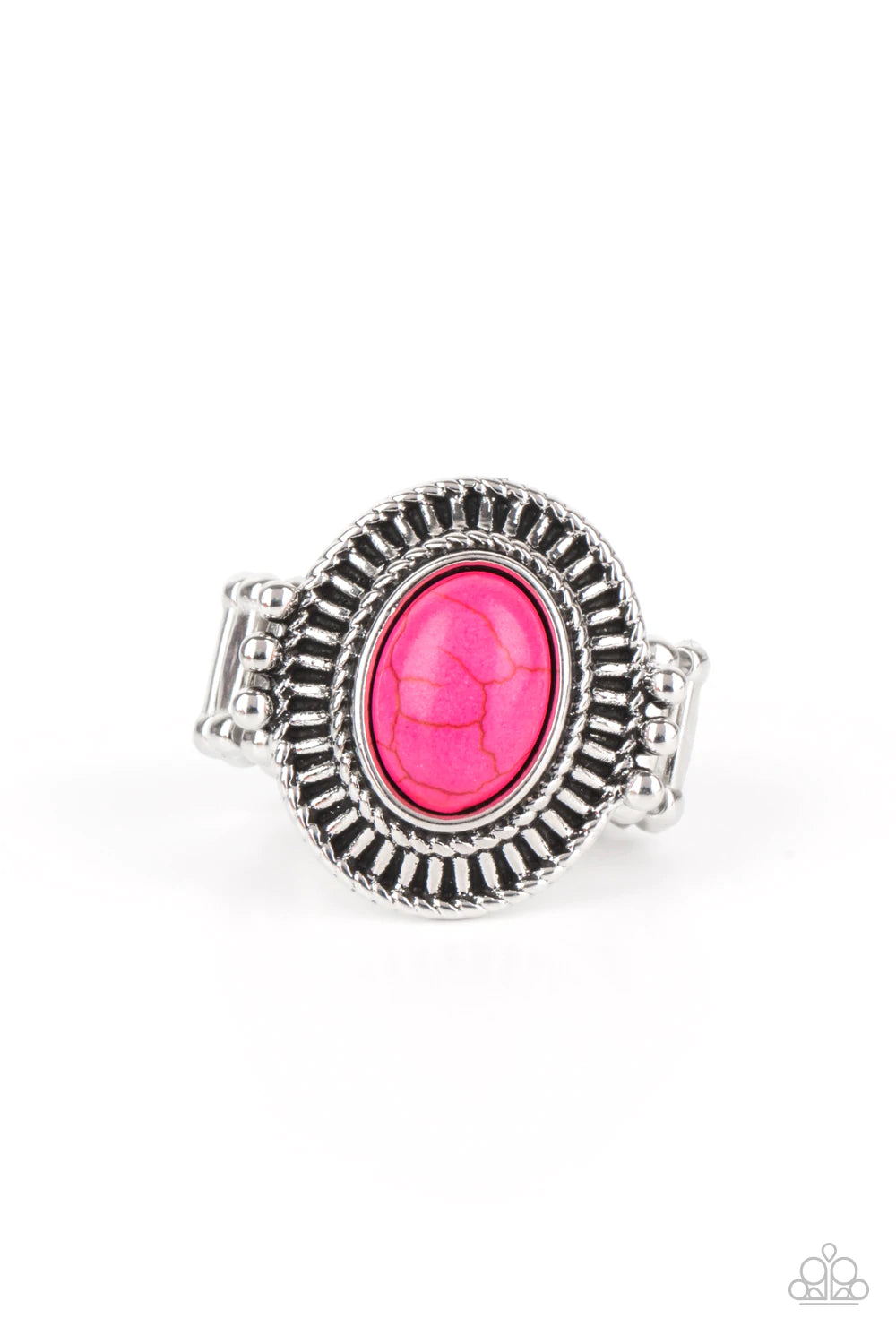 Paparazzi Accessories Badlands To The Bone - Pink An oval pink stone is pressed into the center of an antiqued silver frame radiating with striking linear texture. The colorful centerpiece is held in place with faux pronged silver studs, creating a bold t