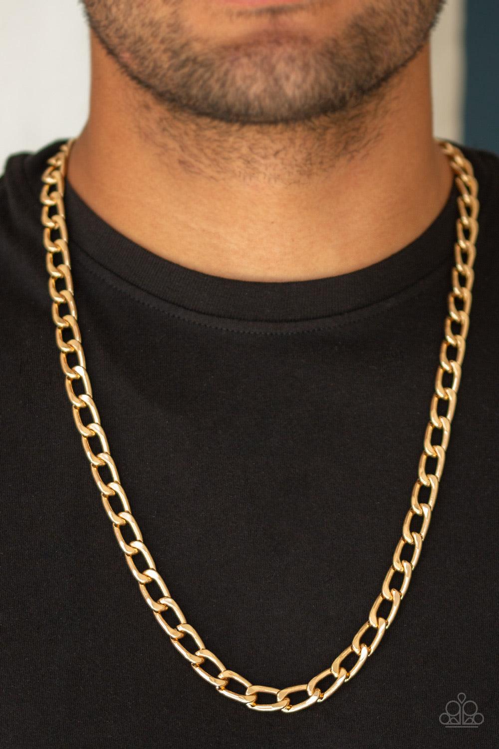 Paparazzi Accessories Big Win - Gold A thick gold beveled cable chain drapes across the chest for a classic look. Features an adjustable clasp closure. Sold as one individual necklace. Jewelry