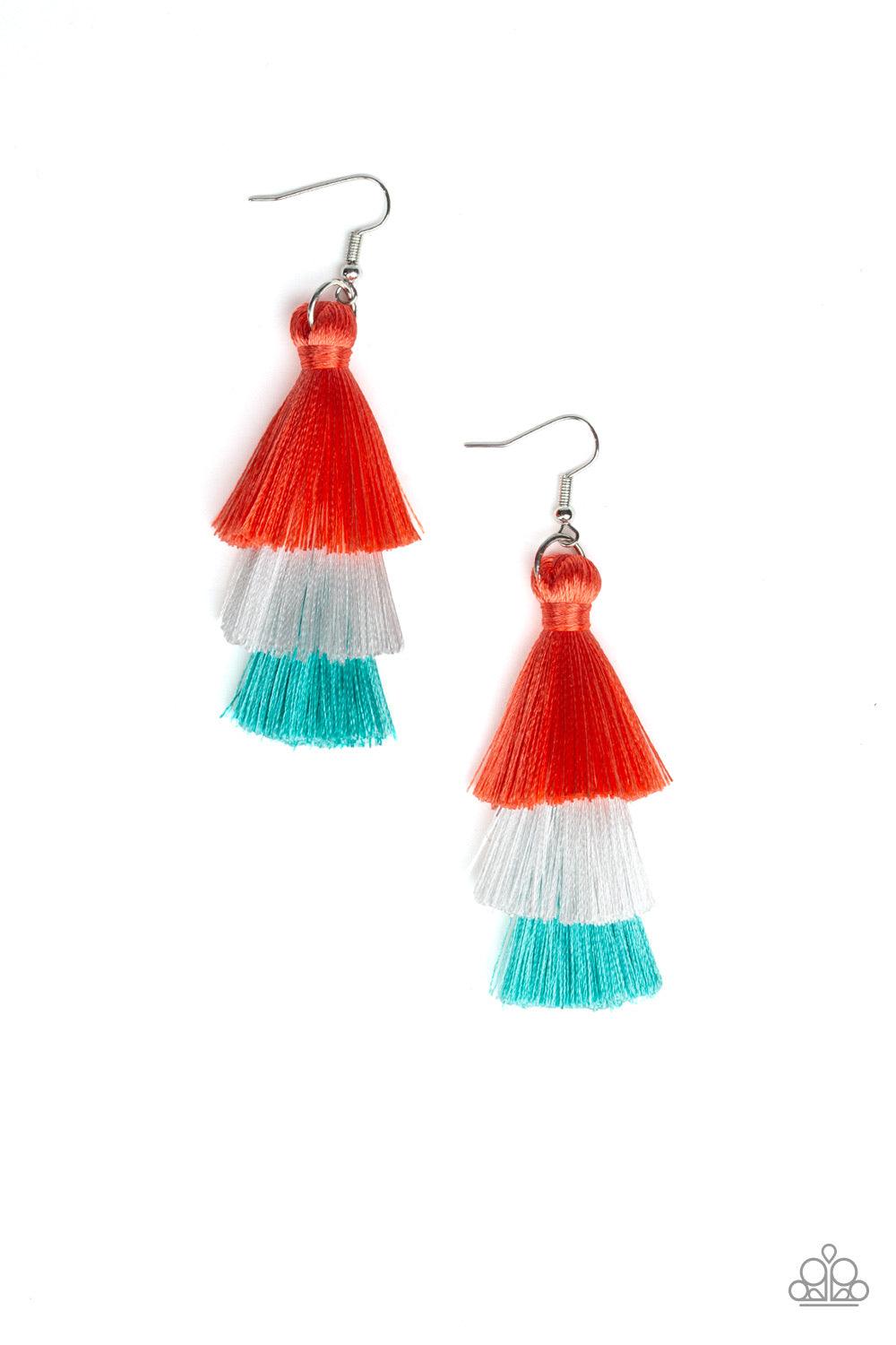 Paparazzi Accessories Hold On To Your Tassel! - Orange Featuring coral, white, and blue thread, a 3-tiered tassel swings from the ear for a flirtatious look. Earring attaches to a standard fishhook fitting. Jewelry