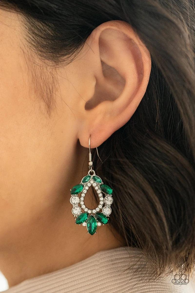 Paparazzi Accessories New Age Noble ~Green Featuring regal marquise and classic round cuts, a glittery collection of white and green rhinestones coalesce into a jaw-dropping teardrop frame. Earring attaches to a standard fishhook fitting. Sold as one pair