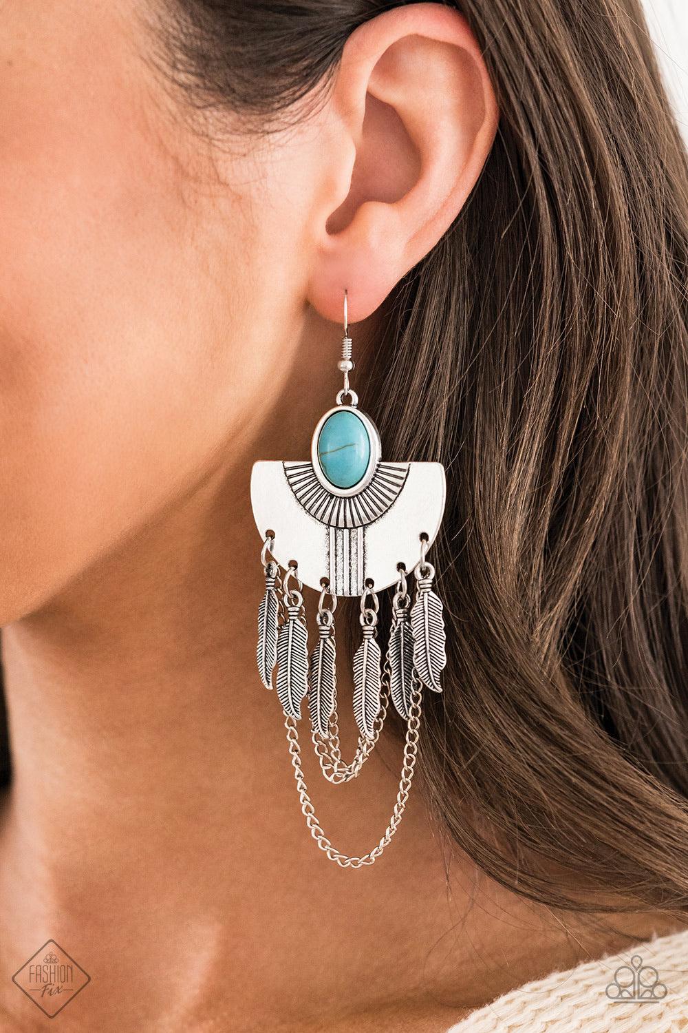 Paparazzi Accessories Sure Thing, Chief! - Blue A fringe of antiqued silver feathers and shimmery silver chains swings from the bottom of a fanning silver frame dotted with a smooth turquoise stone for an earthy finish. Earring attaches to a standard fish