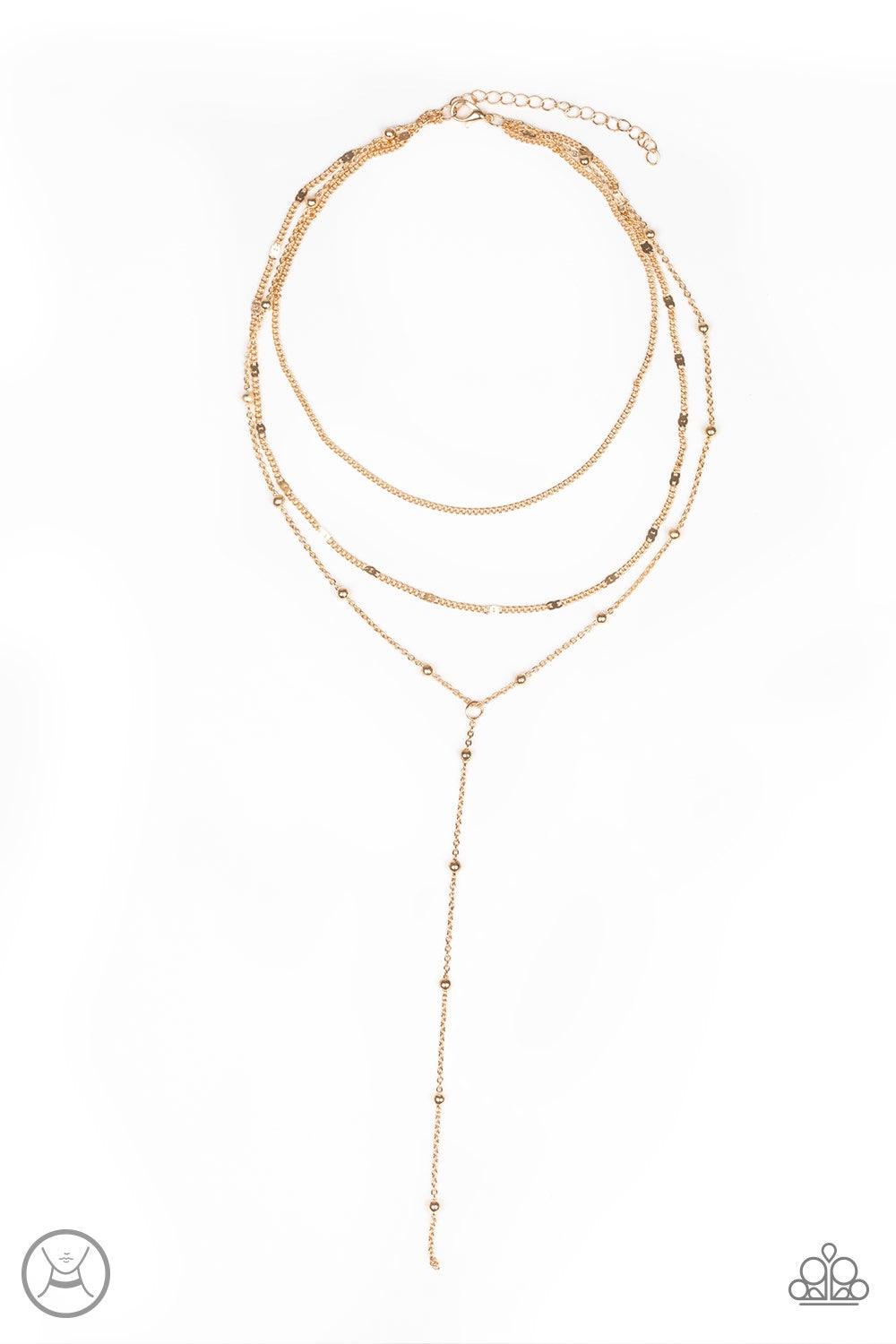 Paparazzi Accessories Think Like A Minimalist - Gold A row of beaded gold chain, a plain gold chain, and a chain featuring flattened links layer around the neck for a minimalist inspired look. Features an adjustable clasp closure. Jewelry