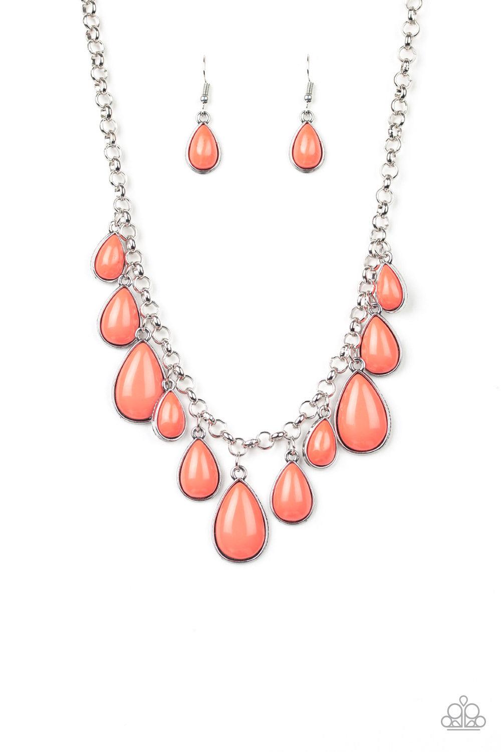 Paparazzi Accessories Jaw-Dropping Diva - Orange Encased in sleek silver frames, Living Coral teardrop beads drip from the bottom of a shimmery silver chain, creating a refreshing fringe below the collar. Features an adjustable clasp closure. Sold as one