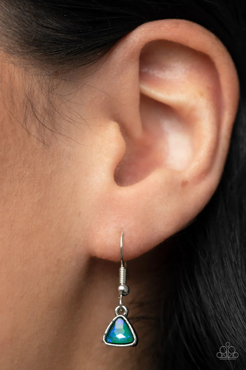 Paparazzi Accessories Pyramid Prowl - Multi A staggered row of iridescent triangular gems stack across the front of a row of textured silver triangular frames, resulting in a stellar sparkle below the collar. Features an adjustable clasp closure. Sold as