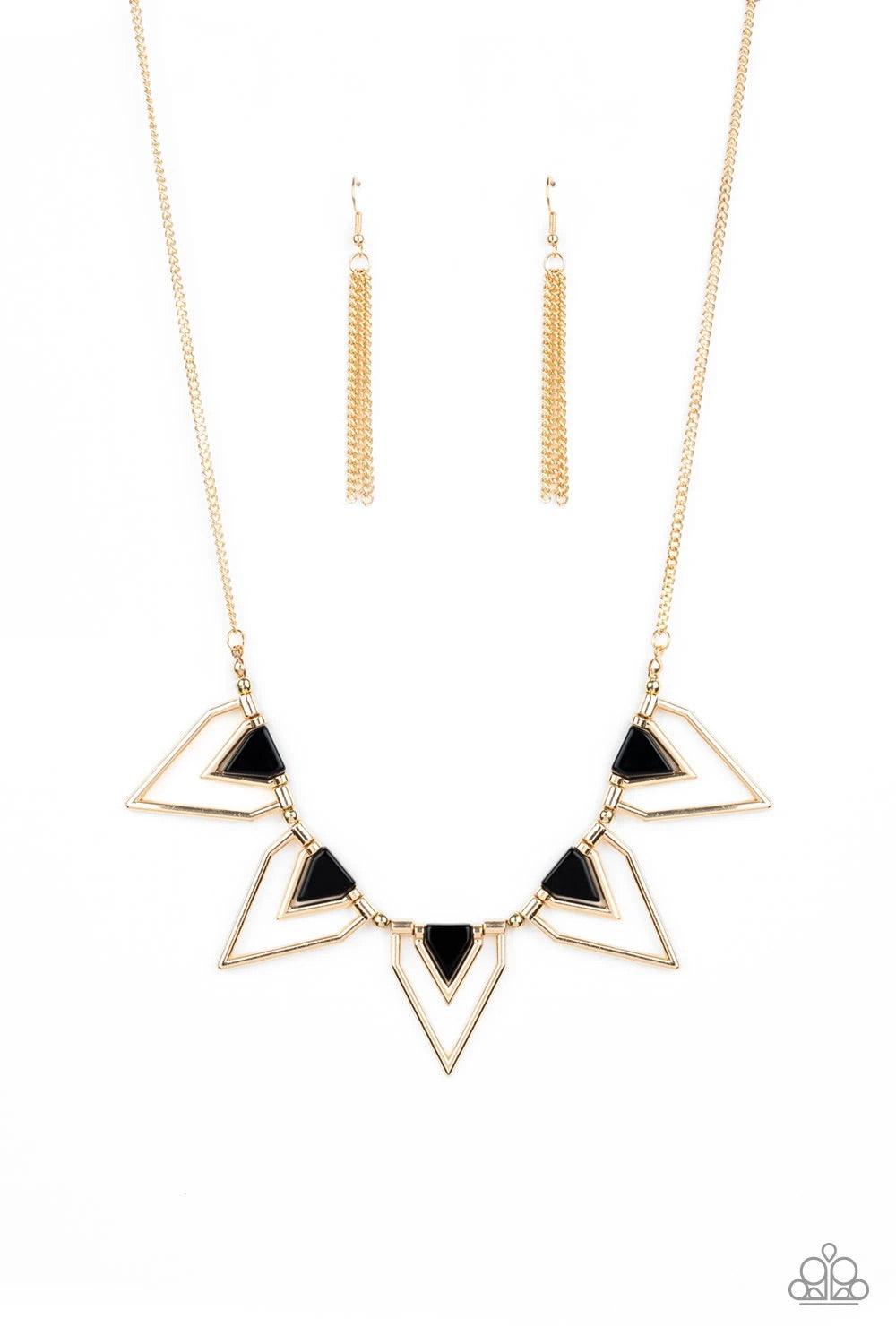 Paparazzi Accessories The Pack Leader - Gold Infused with shiny black beading, glistening gold triangular frames join below the collar, creating a fierce geometric fringe. Features an adjustable clasp closure. Sold as one individual necklace. Includes one