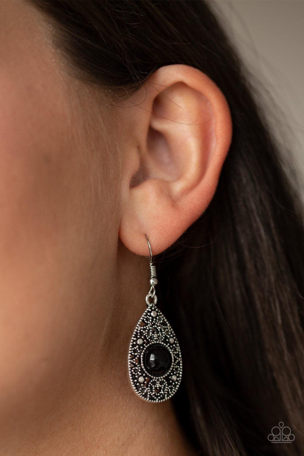 Paparazzi Accessories From Pop To Bottom - Black A shiny black bead is pressed into the center of a silver studded teardrop frame for a perfect pop of color. Earring attaches to a standard fishhook fitting. Jewelry