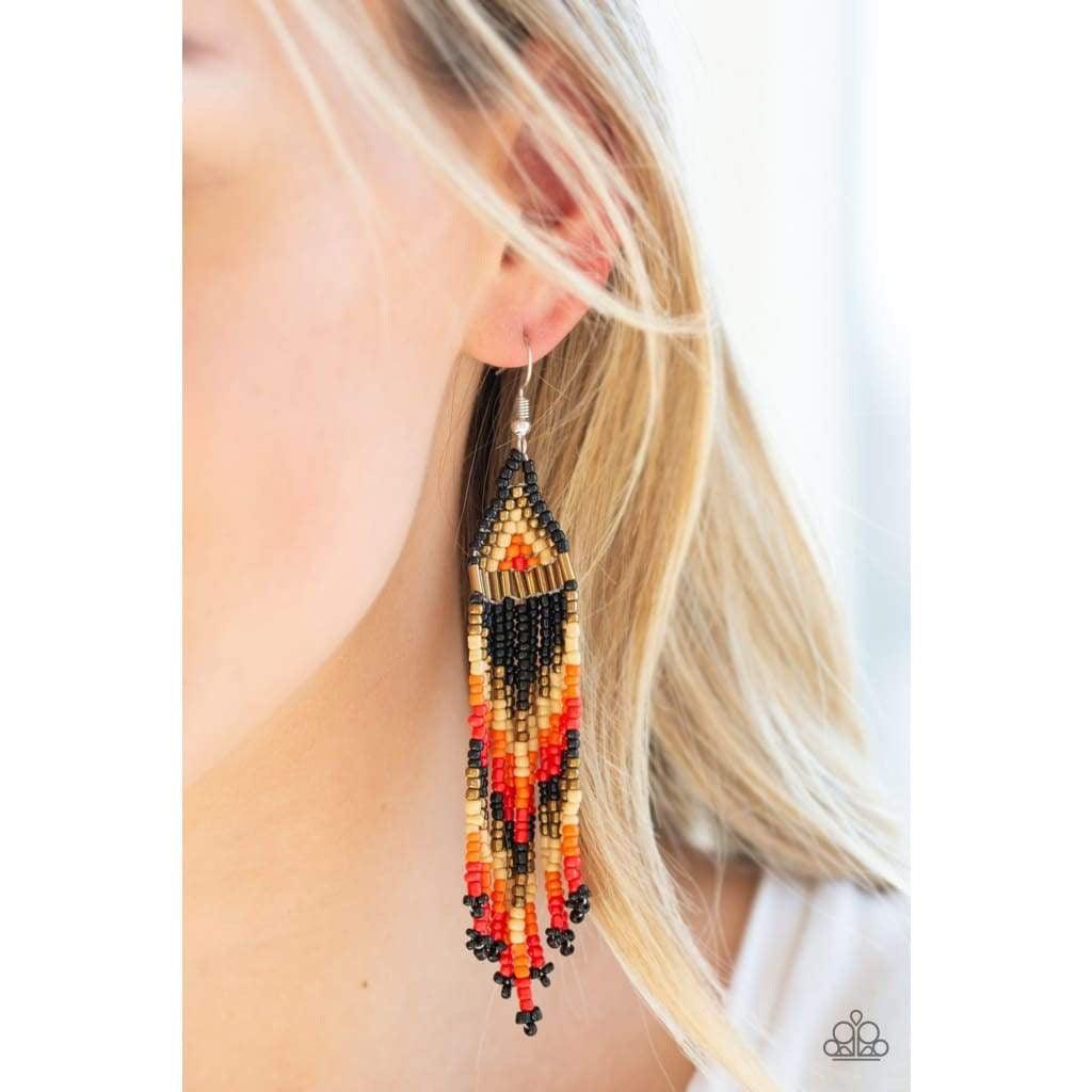 Paparazzi Accessories Colors of the Wind - Black Infused with black, orange and yellow seed beads, a colorful frame swings from the ear for a seasonal look. Earring attaches to a standard fishhook fitting. Jewelry