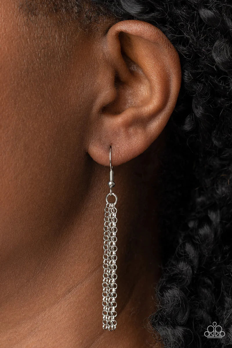 Paparazzi Accessories Reel It In - Yellow Infused with silver beaded accents, pieces of yellow and brown wood and a white acrylic accent delicately stack into a faceted geometric pendant at the bottom of an extended silver chain. A shimmery silver chain t