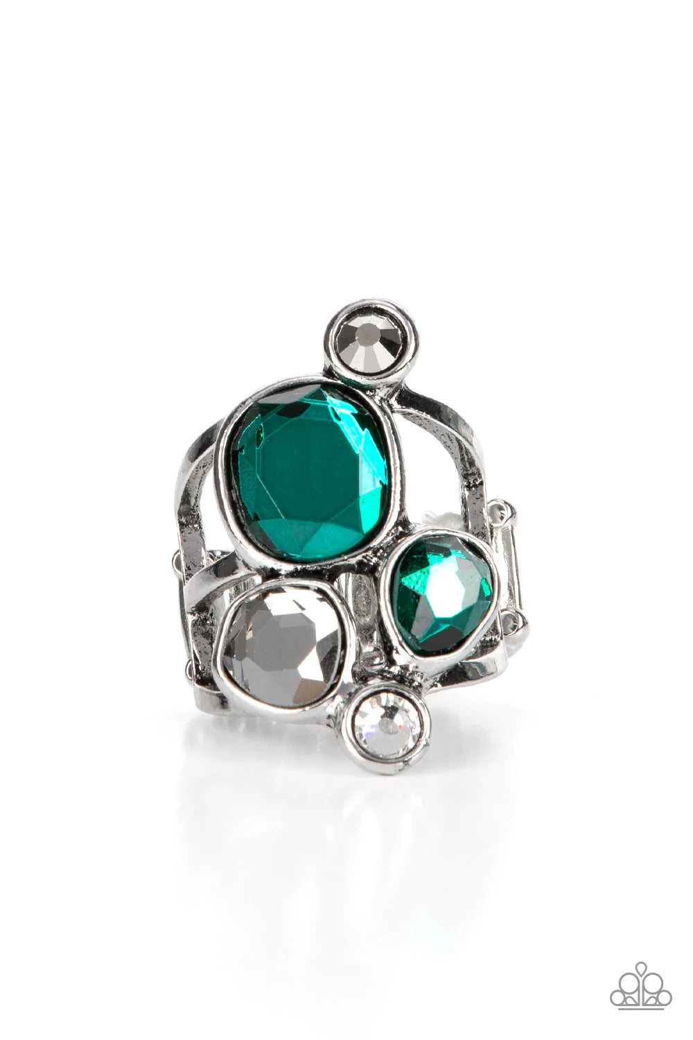 Paparazzi Accessories Demandingly Duchess - Green A collection of sparkling green and smoldering hematite gems in varying sizes, accented by a single white rhinestone, forms an asymmetrical cluster atop the finger. Set in sleek silver frames over airy sil