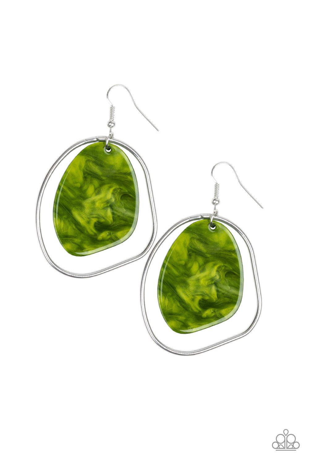 Paparazzi Accessories HAUTE Toddy - Green Brushed in a green shell-like iridescence, an abstract acrylic frame swings from the top of an asymmetrical silver hoop for a seasonal flair. Earring attaches to a standard fishhook fitting. Jewelry