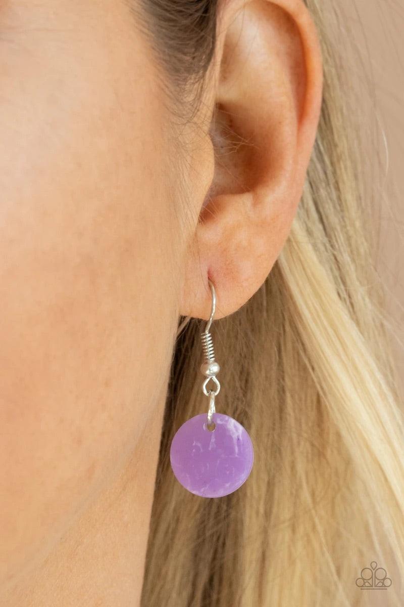 Paparazzi Accessories Flower Powered ~Purple A whimsical collection of mismatched silver floral charms and purple acrylic discs swing from a silver chain, creating a vivacious fringe below the collar. Features an adjustable clasp closure. Sold as one indi