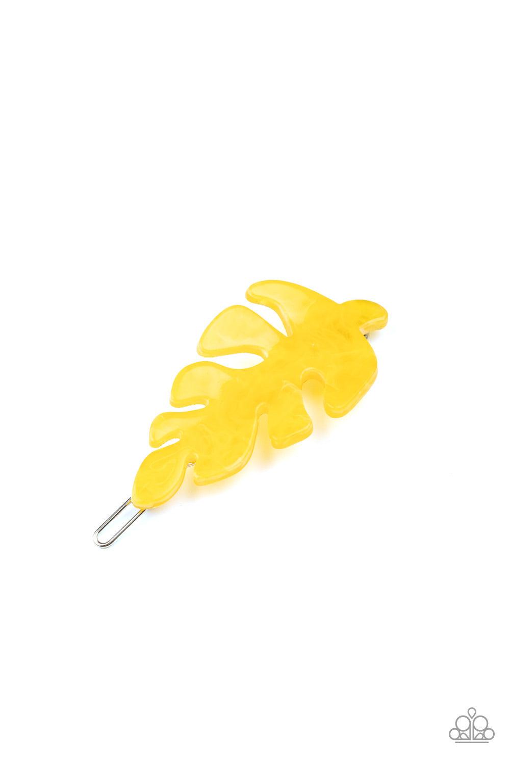 Paparazzi Accessories LEAF Your Mark - Yellow Brushed in a shiny finish, a yellow acrylic leaf delicately pulls back the hair for a seasonal inspired look. Features a clamp barrette closure. Sold as one individual hair clip. Hair Accessories