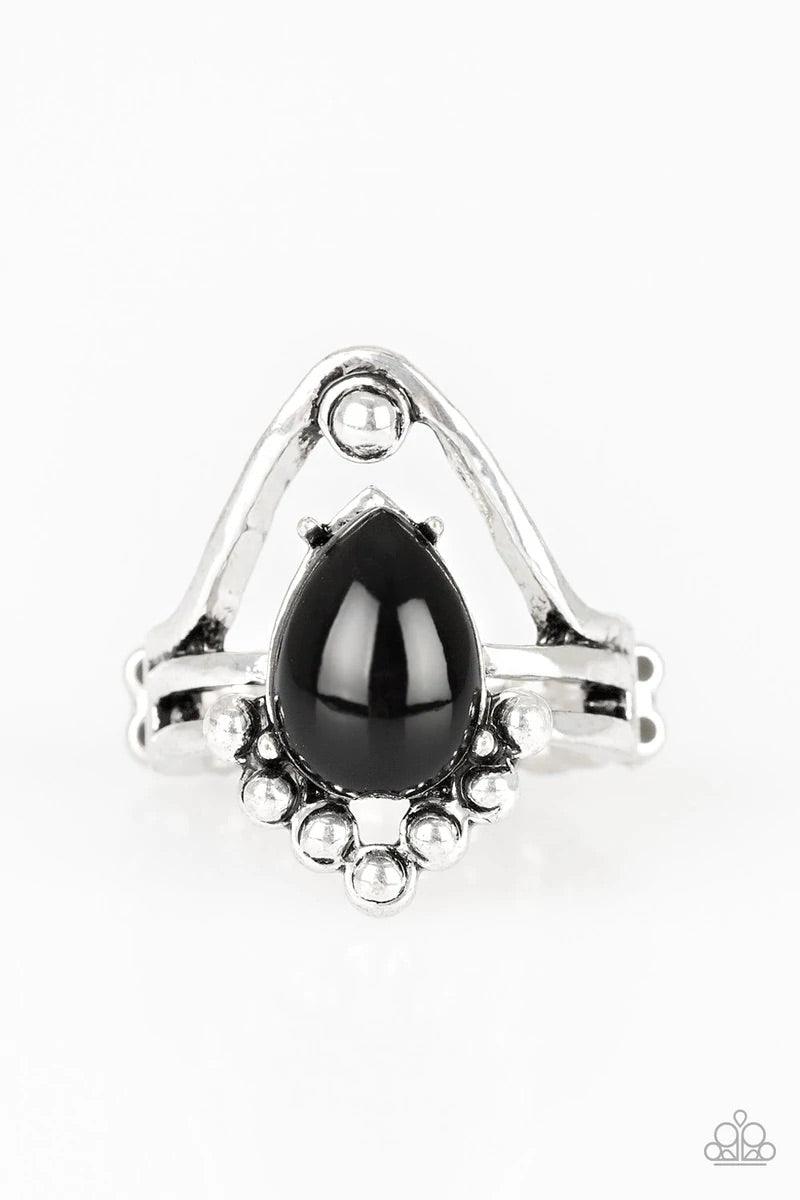 Paparazzi Accessories The Bold and the BEAD-iful - Black Antiqued silver studs and arcing silver bars wrap into a layered band. A shiny black bead is pressed into the center of the geometric frame for a colorful tribal flair. Features a dainty stretchy ba