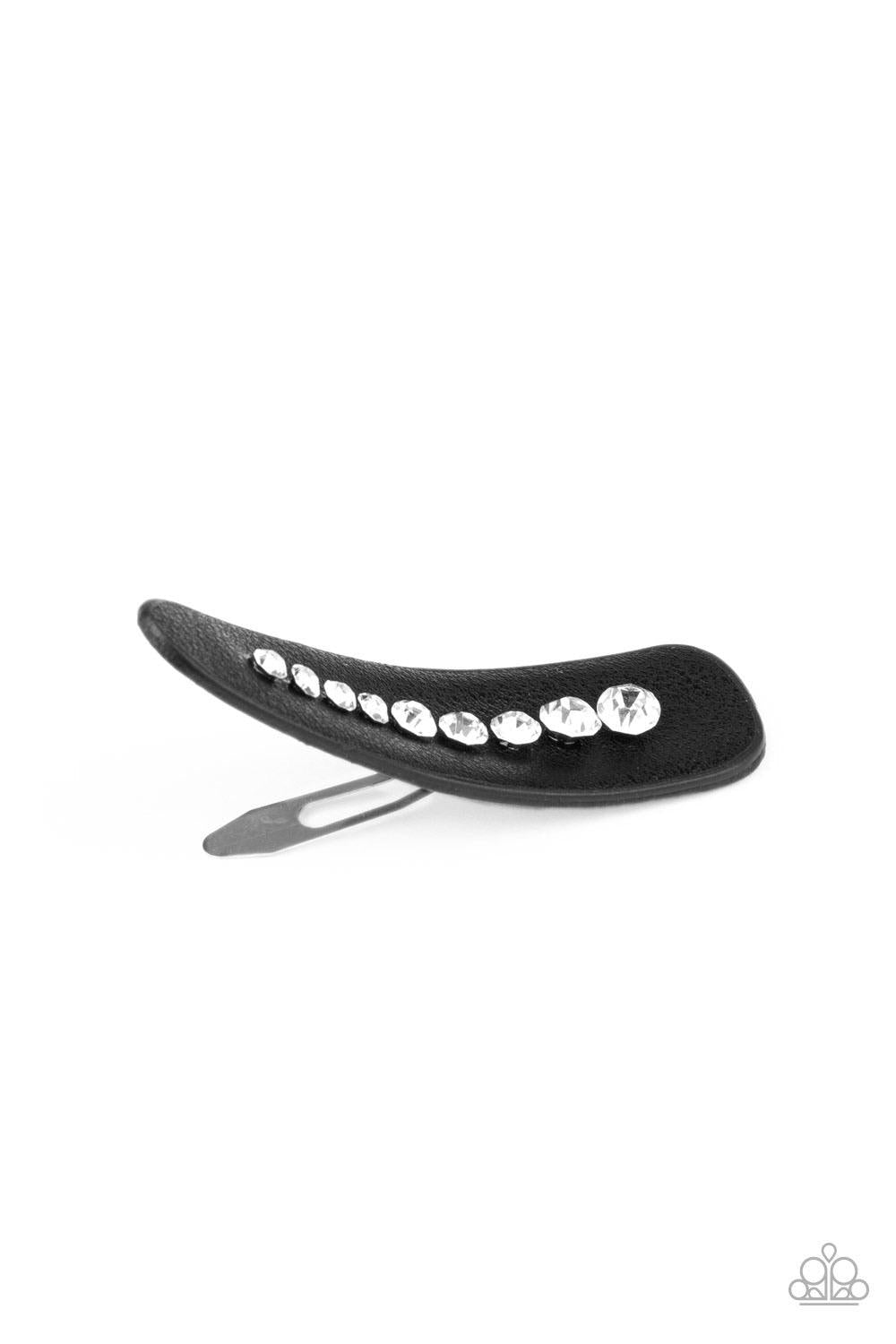 Paparazzi Accessories Snap Out Of It - Black Graduating in size, a line of glassy white rhinestones is encrusted down the center of a black leather frame. Features a standard snap hair clip on the back. Sold as one individual hair clip. Hair Accessories
