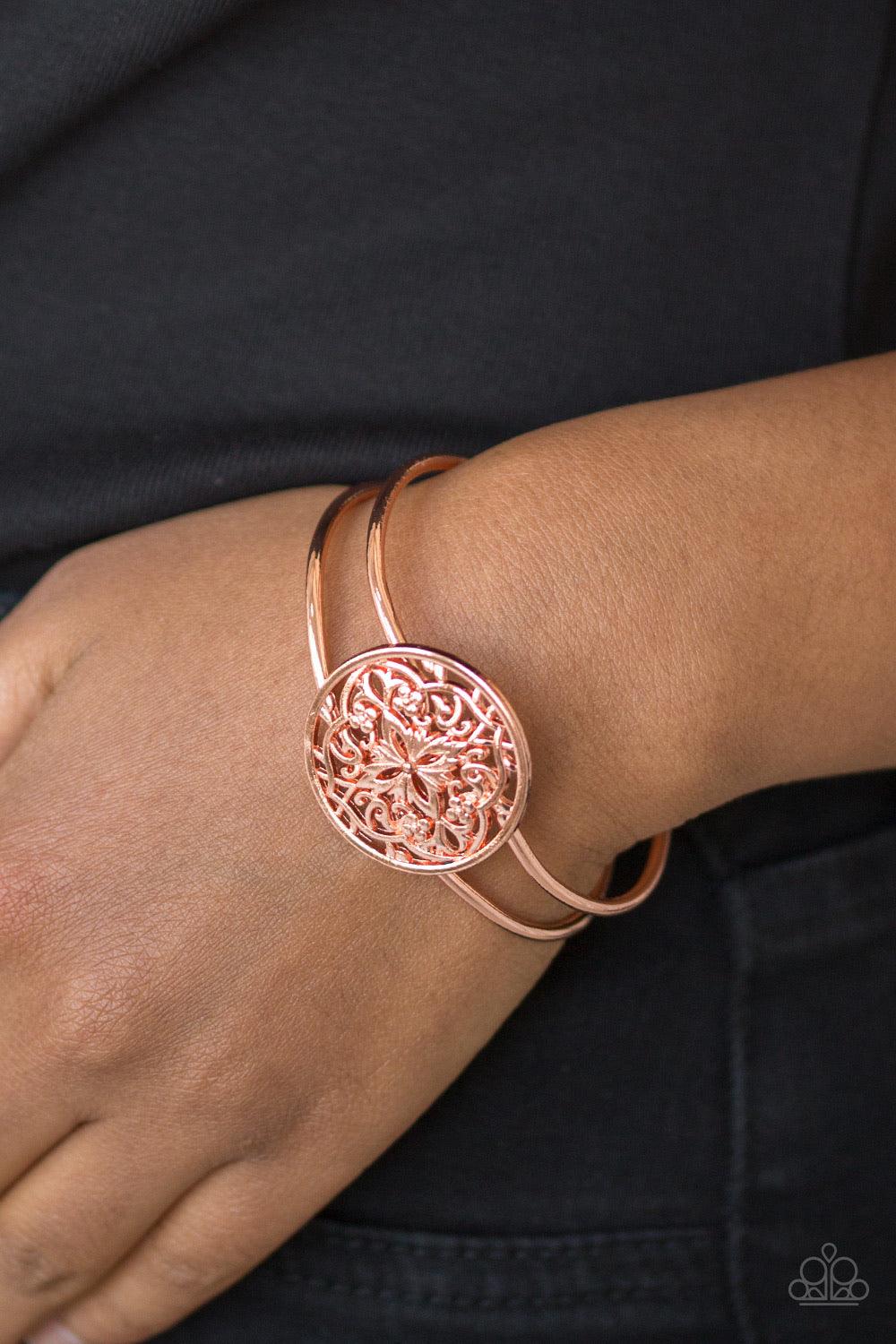 Paparazzi Accessories Mandala Majesty - Copper Brushed in a high-sheen finish, shiny copper filigree spins into a mandala like frame atop a dainty cuff for a whimsical look. Features a hinged closure. Jewelry