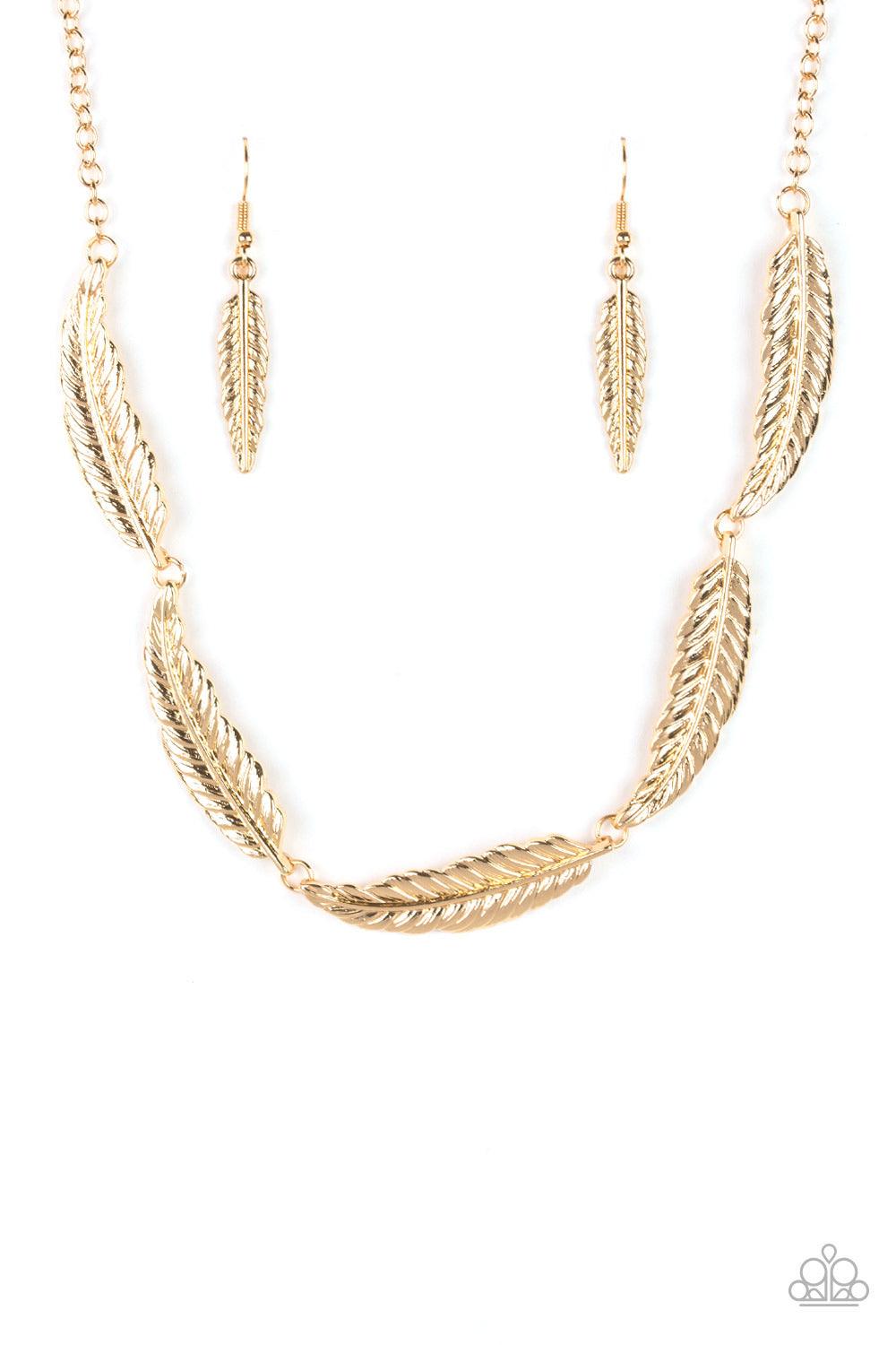 Paparazzi Accessories Light Flight - Gold Brushed in a high-sheen shimmer, lifelike gold feathers link below the collar in a seasonal fashion. Features an adjustable clasp closure. Sold as one individual necklace. Includes one pair of matching earrings. J