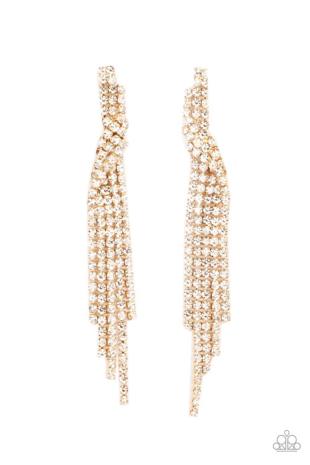 Paparazzi Accessories Cosmic Candescence - Gold Encased in glistening gold fittings, dainty strands of glittery white rhinestones delicately overlap into a tapered tassel for a twinkly look. Earring attaches to a standard post fitting. Sold as one pair of