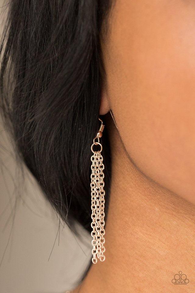 Paparazzi Accessories BOUGH Down - Rose Gold Leafy rose gold branches fan out across a glistening rose gold teardrop frame, creating a whimsical pendant at the bottom of a lengthened rose gold chain. Features an adjustable clasp closure. Jewelry