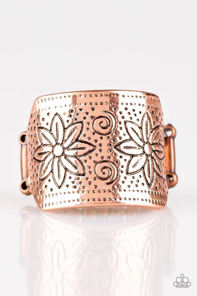 Paparazzi Accessories Wild Meadows - Copper Stamped in floral detail, a thick copper band arcs across the finger for a seasonal look. Features a stretchy band for a flexible fit. Sold as one individual ring. Jewelry