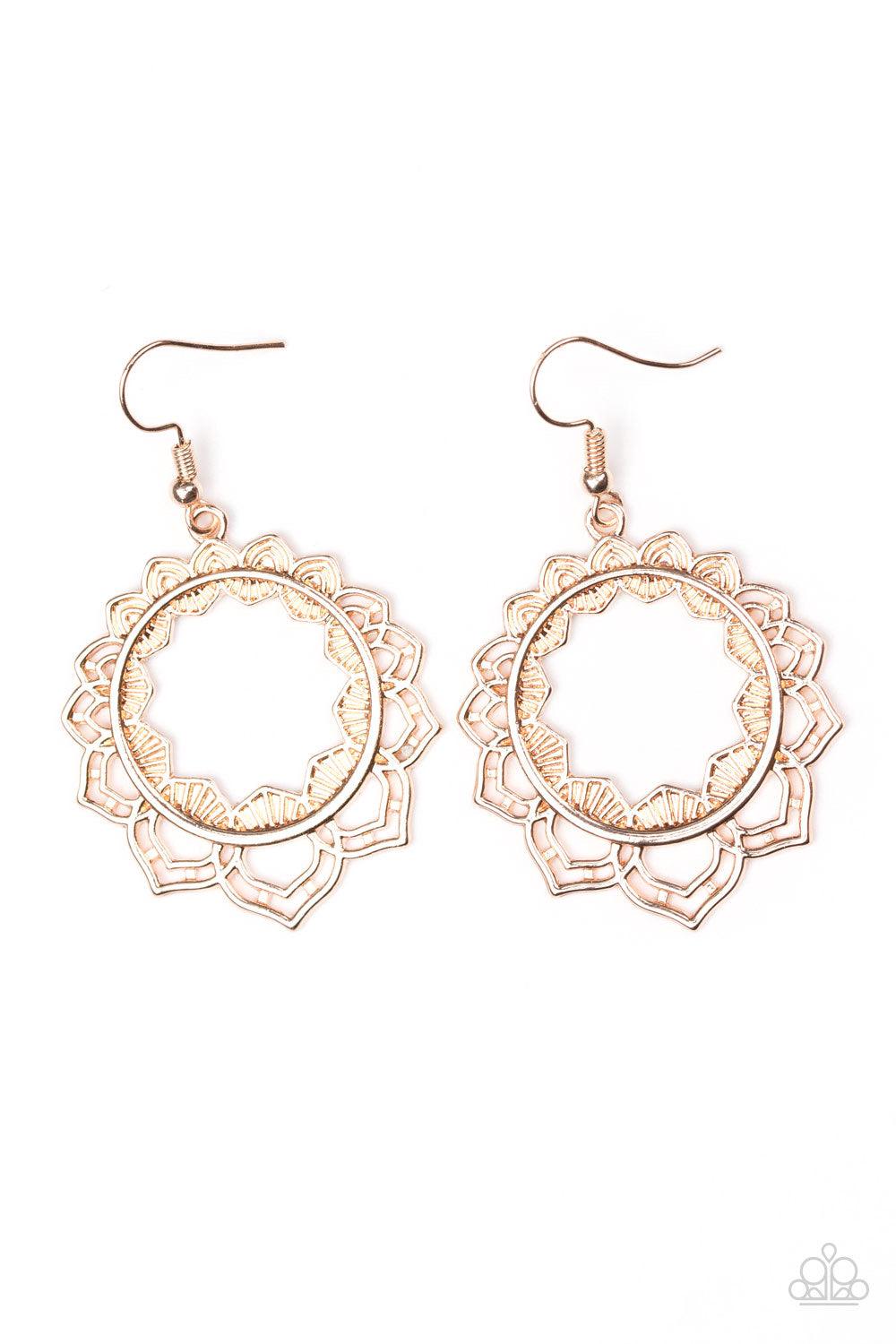 Paparazzi Accessories Modest Mandalas - Rose Gold Brushed in a high-sheen finish, shimmery rose gold petals bloom from an ornate rose gold hoop for a whimsical look. Earring attaches to a standard fishhook fitting. Jewelry