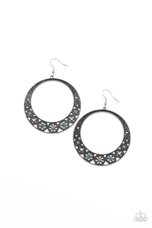 Paparazzi Accessories Bodaciously Blooming - Multi Dotted with dainty multicolored rhinestones, studded wheel-like frames connect into a studded hoop for a whimsical look. Earring attaches to a standard fishhook fitting. Sold as one pair of earrings. Jewe