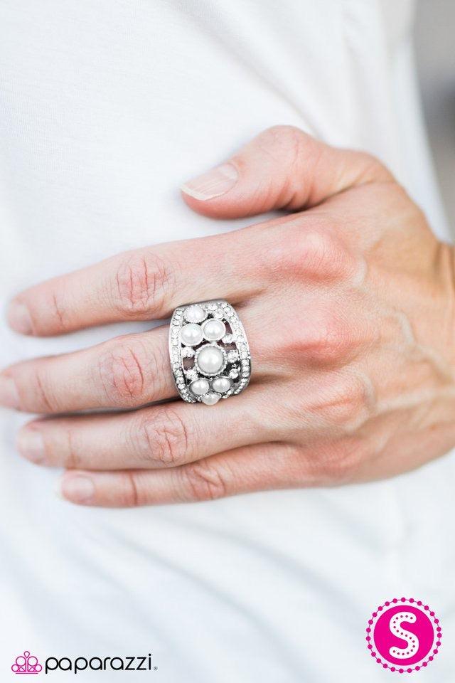 Paparazzi Accessories Hello, Sailor - White Pearly white beading and dainty white rhinestones are sprinkled across the finger, coalescing into a refined frame. Additional white rhinestones are encrusted along the outer edges of the frame, creating an unde