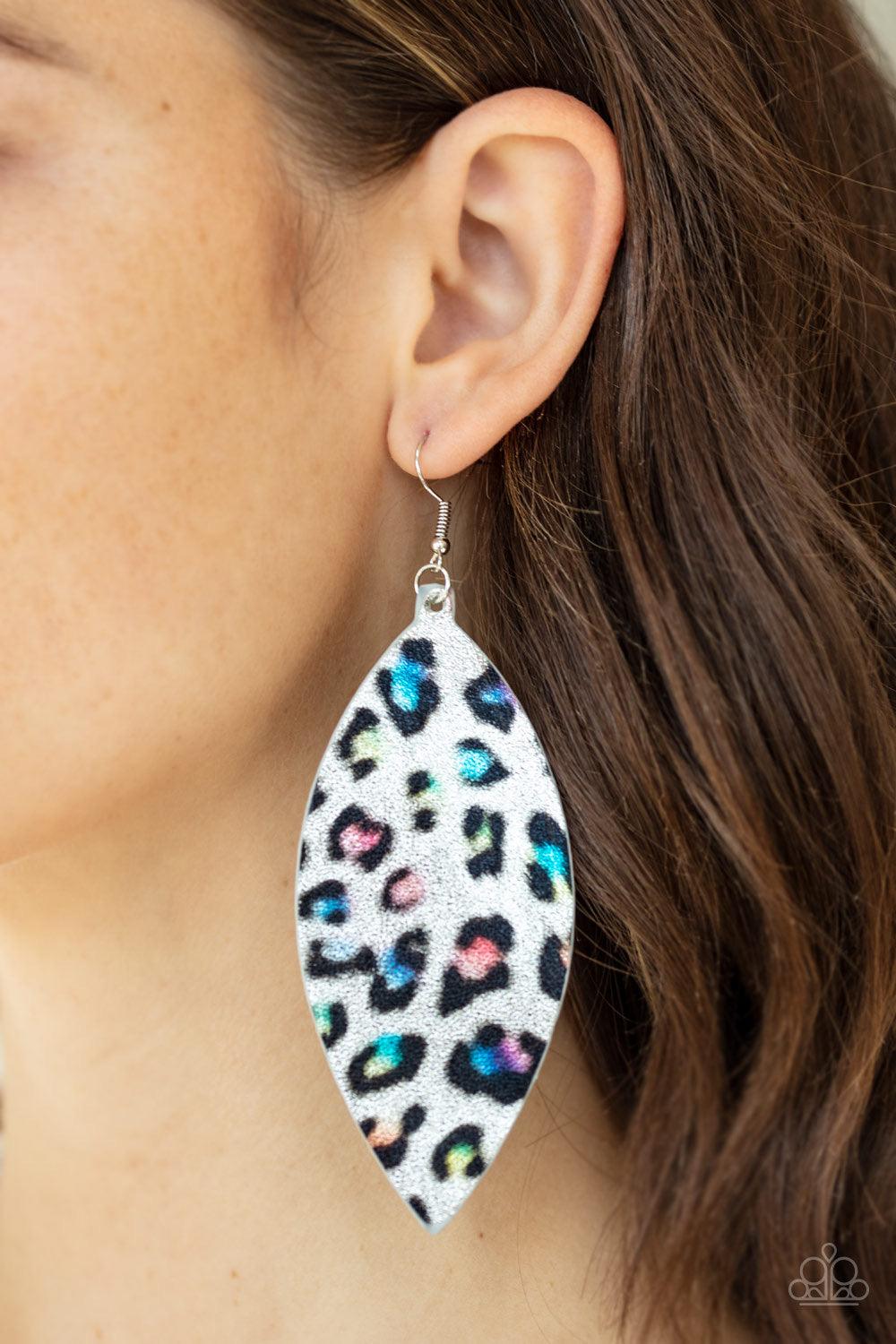 Paparazzi Accessories Once A CHEETAH, Always a CHEETAH - Multi Featuring a shimmery multicolored cheetah print, a silvery leather teardrop swings from the ear for a wildly colorful look. Earring attaches to a standard fishhook fitting. Jewelry