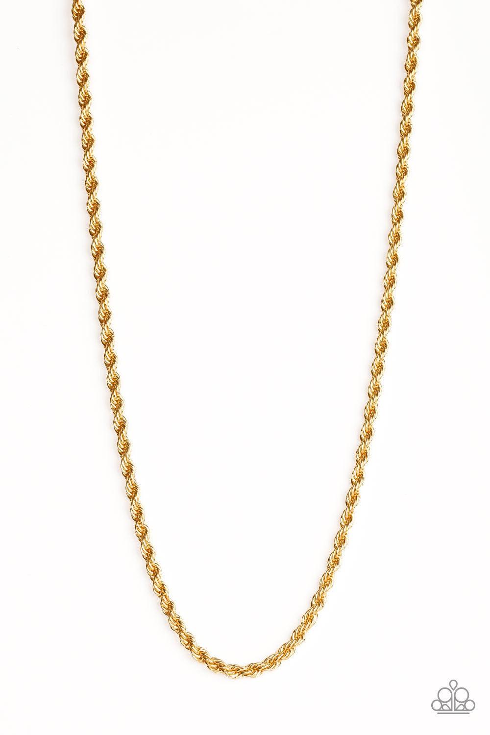 Paparazzi Accessories Double Dribble - Gold Brushed in a high-sheen finish, a thick gold rope chain drapes across the chest for a classic, upscale look. Features an adjustable clasp closure. Jewelry