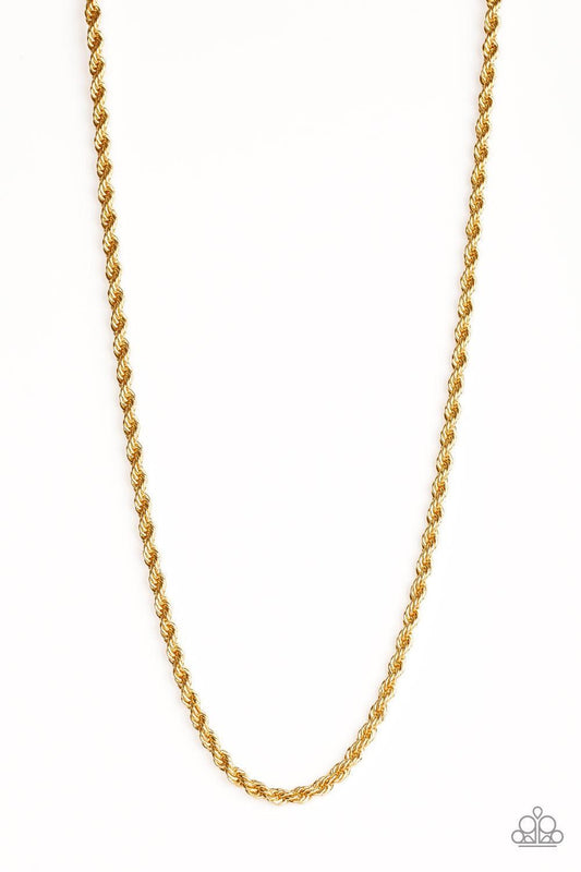 Paparazzi Accessories Double Dribble - Gold Brushed in a high-sheen finish, a thick gold rope chain drapes across the chest for a classic, upscale look. Features an adjustable clasp closure. Jewelry
