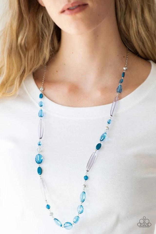 Paparazzi Accessories Quite Quintessence - Blue Varying in shape and shimmer, faceted blue and metallic crystal-like beads trickle down the chest for a whimsical look. Features an adjustable clasp closure. Sold as one individual necklace. Includes one pai