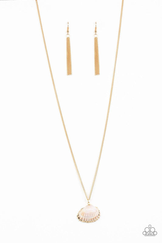 Paparazzi Accessories Show And SHELL - Gold Bordered in a shimmery gold finish, a white seashell swings from the bottom of a lengthened gold chain for a summery flair. Features an adjustable clasp closure. Jewelry