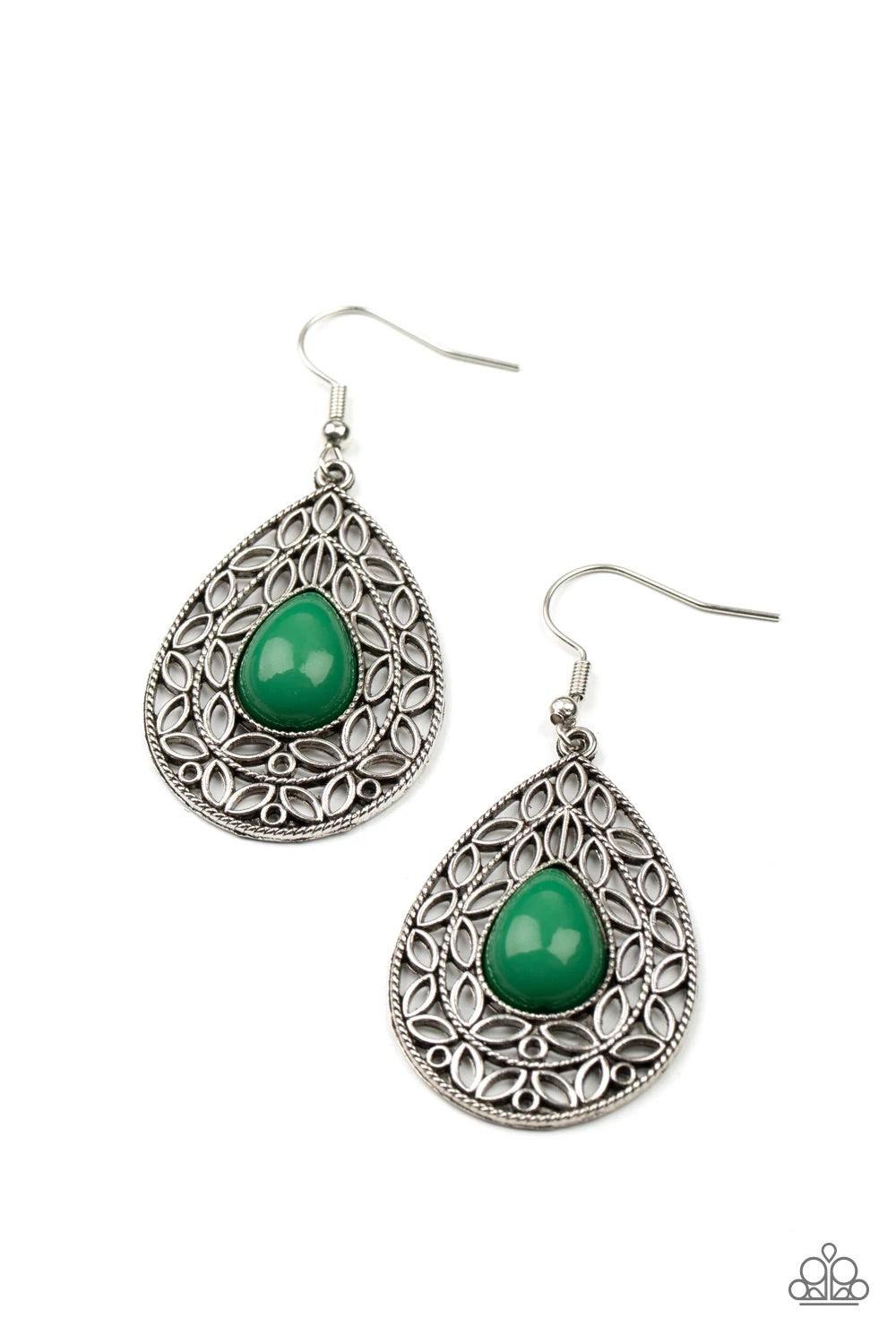 Paparazzi Accessories Fanciful Droplets- Green Fanciful teardrop frames filled with a charming leaf motif filigree envelop a bright Leprechaun teardrop bead creating a captivating lure. Earring attaches to a standard fishhook fitting. Sold as one pair of