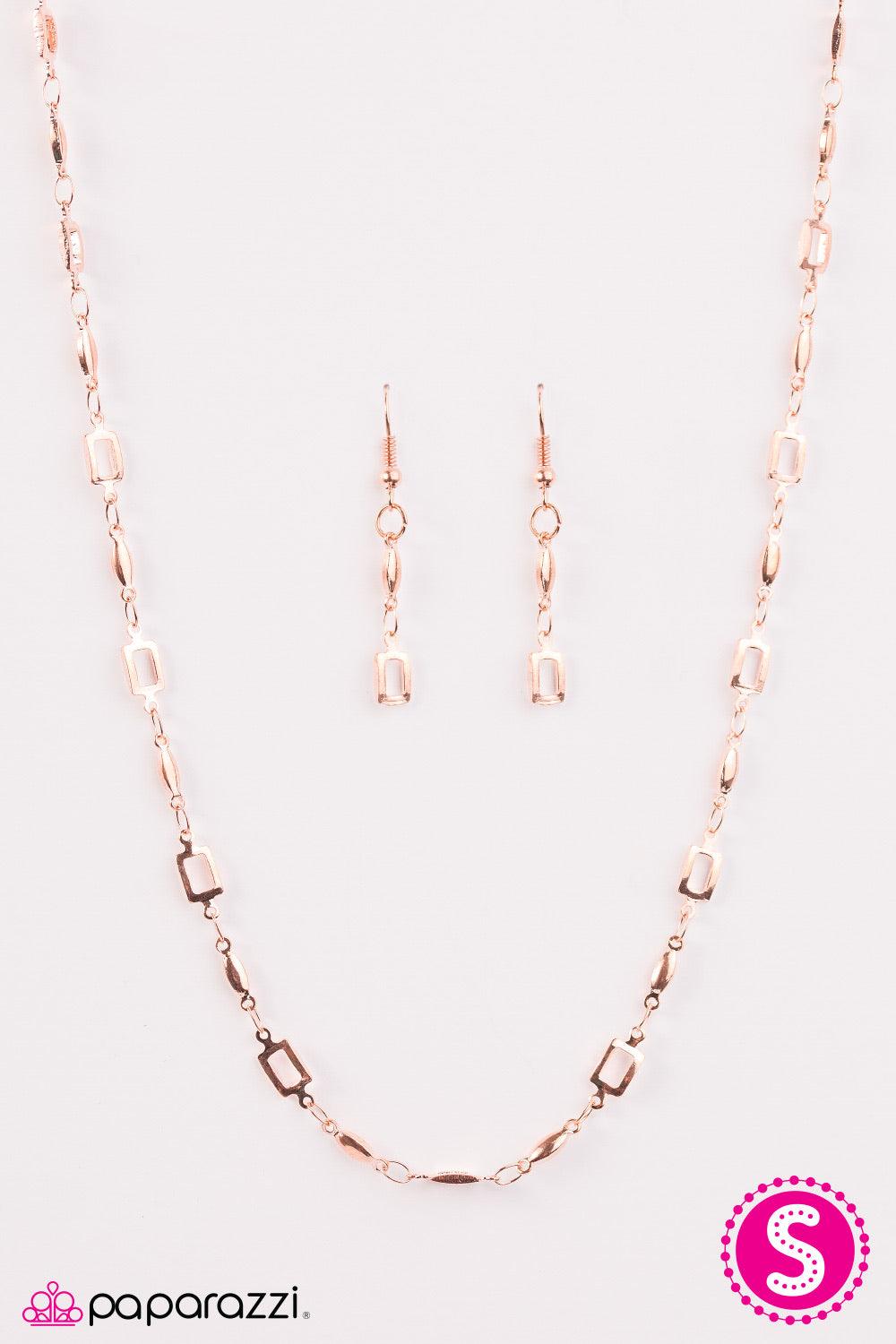 Paparazzi Accessories SQUARE She Goes Again - Rose Gold Square frames join shimmery rose gold accents below the collar, creating a gorgeous geometric palette. Features an adjustable clasp closure. Jewelry