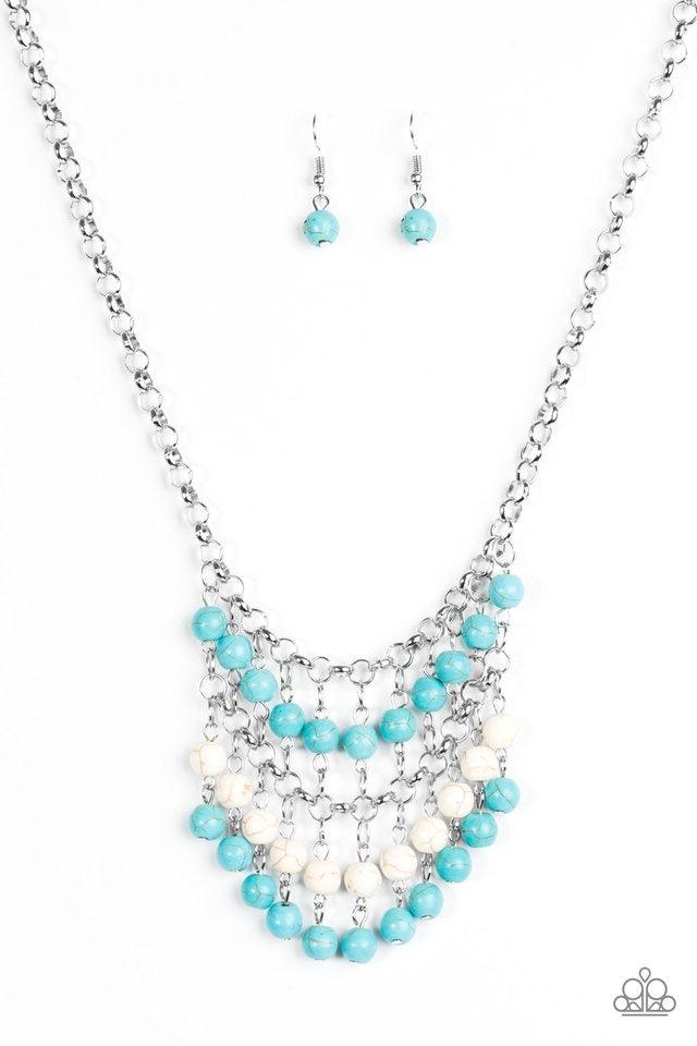 Paparazzi Accessories Jurassic Park Party - Multi Refreshing turquoise and white stone beads swing from the bottom of a netted silver chain, creating a bold artisanal fringe below the collar. Features an adjustable clasp closure. Sold as one individual ne