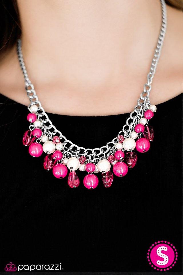 Paparazzi Accessories Vintage Vindication ~Pink Tinted in a bright hue, a collision of polished pink beads, white pearls, and twinkling crystal beads create a gorgeous fringe below the collar. Thick silver chain is added to the sparkling display for a bol