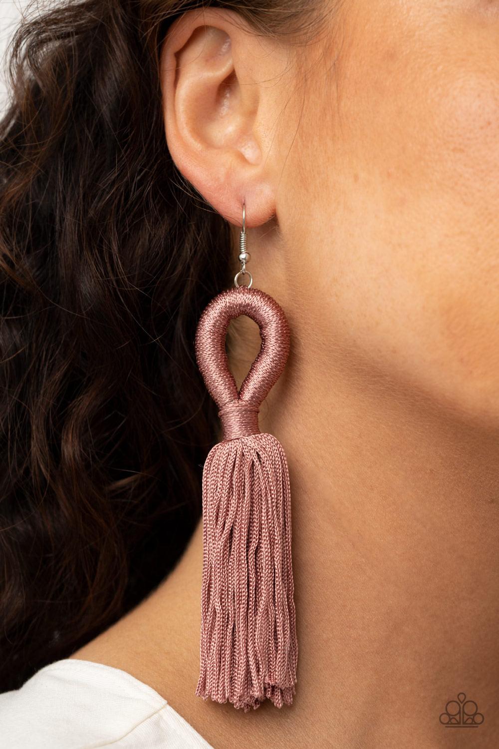 Paparazzi Accessories Tassels And Tiaras - Pink Shiny Rose Tan cording delicately loops and knots into an elegant tassel. Earring attaches to a standard fishhook fitting. Sold as one pair of earrings. Jewelry