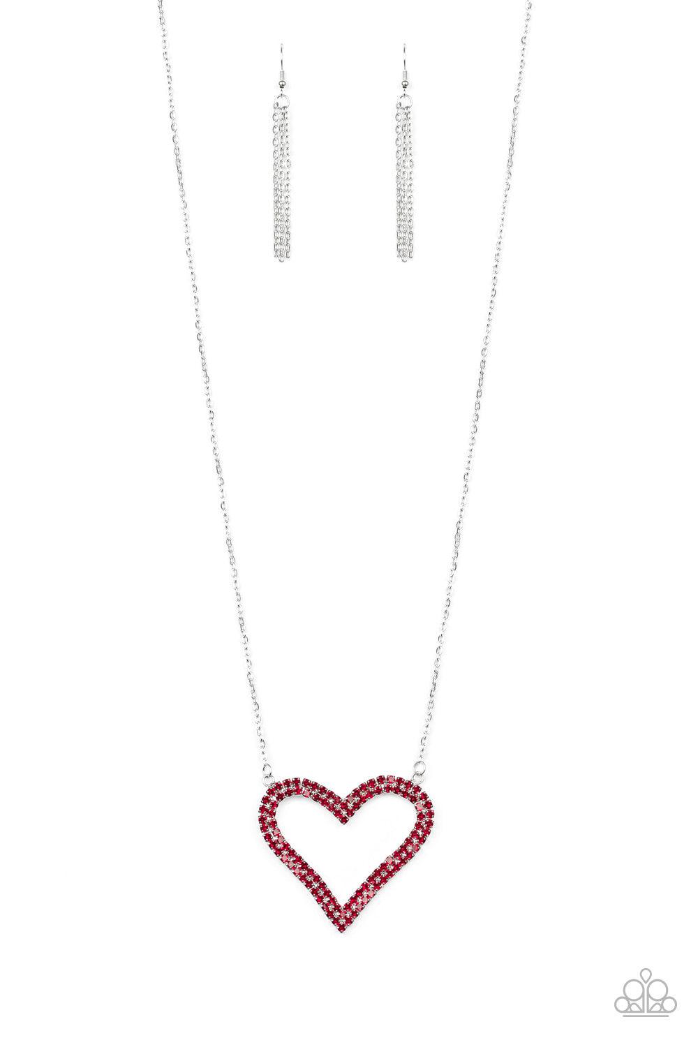 Paparazzi Accessories Pull Some HEART-strings - Red Two rows of glittery red rhinestones stack into a sparkling heart pendant at the bottom of a lengthened silver chain for a heart-stopping look. Features an adjustable clasp closure. Jewelry