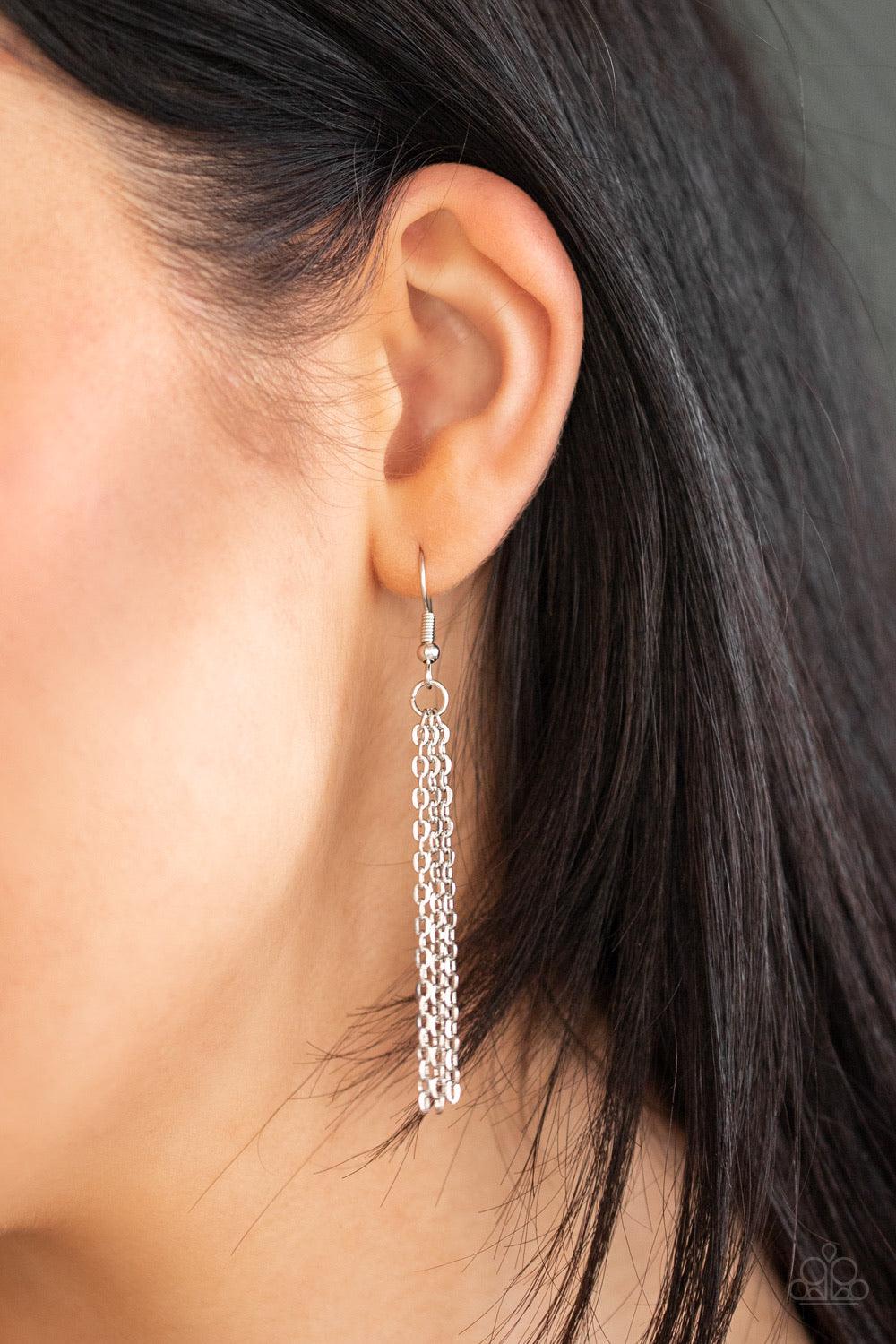 Paparazzi Accessories Pull Some HEART-strings - Red Two rows of glittery red rhinestones stack into a sparkling heart pendant at the bottom of a lengthened silver chain for a heart-stopping look. Features an adjustable clasp closure. Jewelry