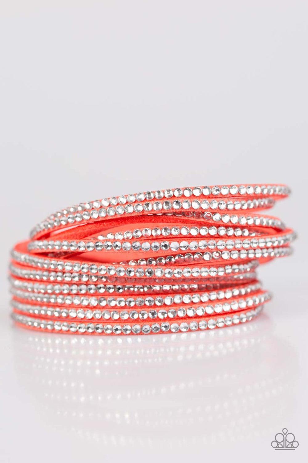 Paparazzi Accessories Do The Hustle - Orange Orange suede is spliced into six strands and embellished with rows of white rhinestones for a glitzy combination. The elongated suede band allows for a trendy double wrap design. Features an adjustable snap clo